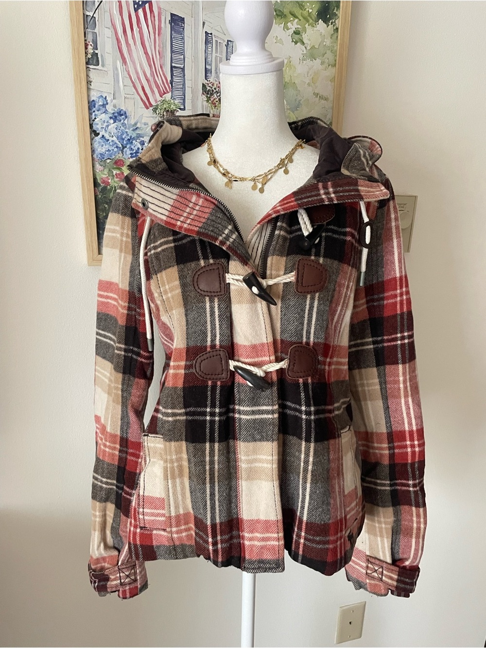 Abercrombie & Fitch Y2K Plaid Wool Blend Hooded Duffle Jacket Size Medium